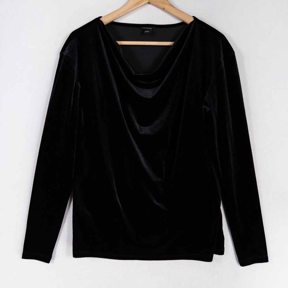 Ann Taylor Top Sz Small Black Velour Stretch Knit Draped Cowl Neck Long Sleeve